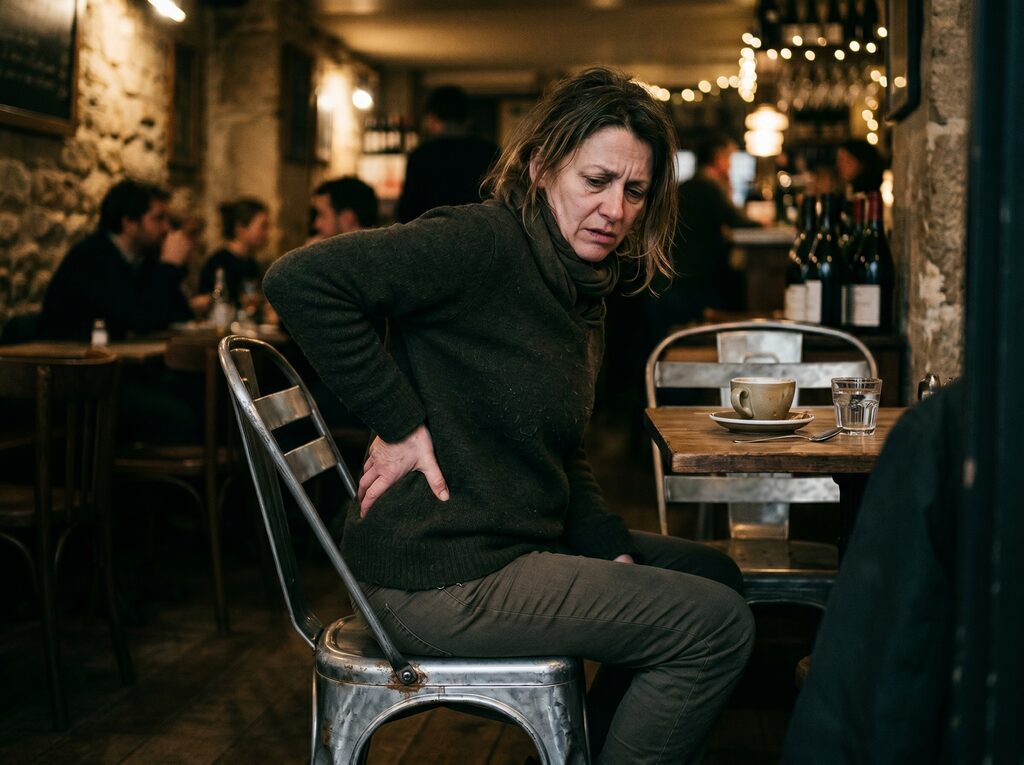 A weary patron in visible discomfort while seated on a Tolix chair in a dim cafe